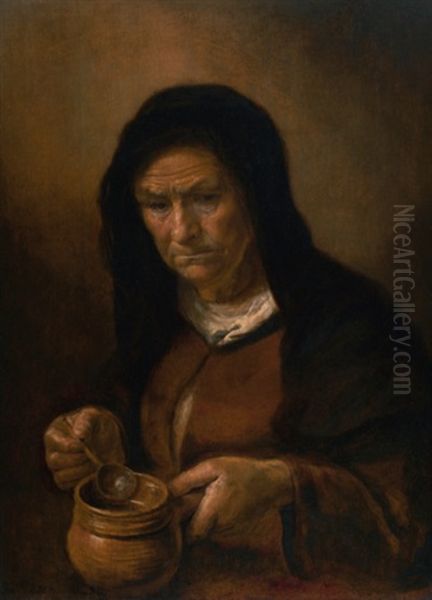 Portrait Of An Old Woman Holding A Soup Bowl Oil Painting by  Rembrandt van Rijn