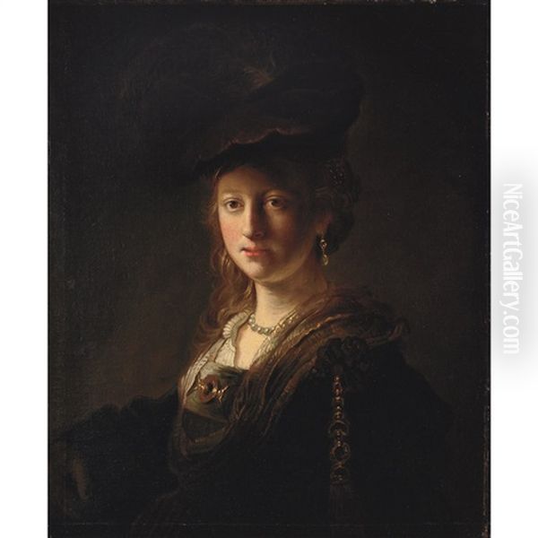 Portrait Of A Lady Wearing A Velvet Cap And Pearl Earring Oil Painting by  Rembrandt van Rijn