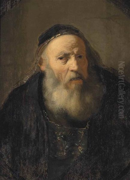 Portrait Of An Old Man, Half-length, In A Black Mantle And A Black, Gold-rimmed Skullcap Oil Painting by  Rembrandt van Rijn