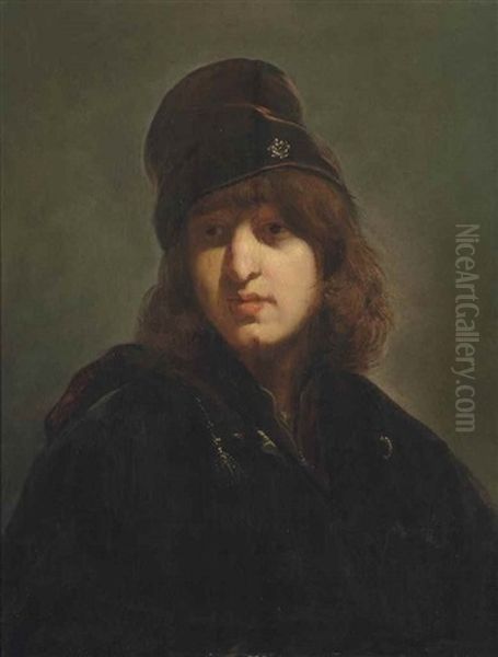 Portrait Of A Young Man, Half-length, In A Brown Hat With A Gold Button Oil Painting by  Rembrandt van Rijn