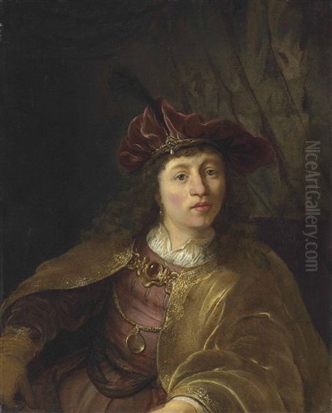 Portrait Of A Young Man, Half-length, In A White Shirt, Golden Mantel And Red Plumed Cap, Before A Draped Curtain by  Rembrandt van Rijn