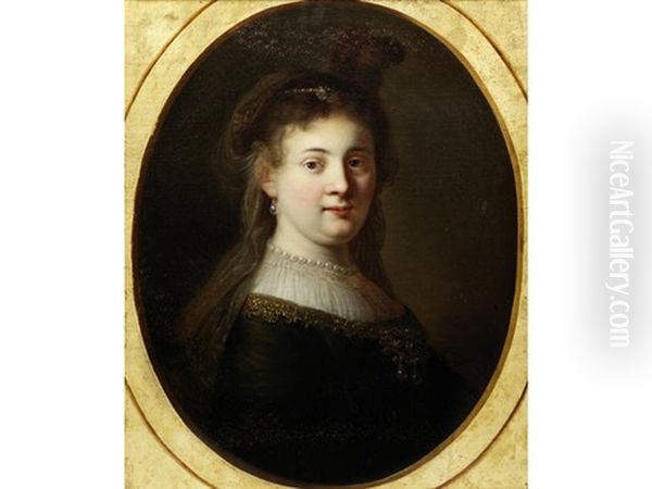 Portrait Of Saskia Van Uylenburgh, Bust-length, In A Black Dress And A Feathered Hat, Within A Painted Oval Oil Painting by  Rembrandt van Rijn