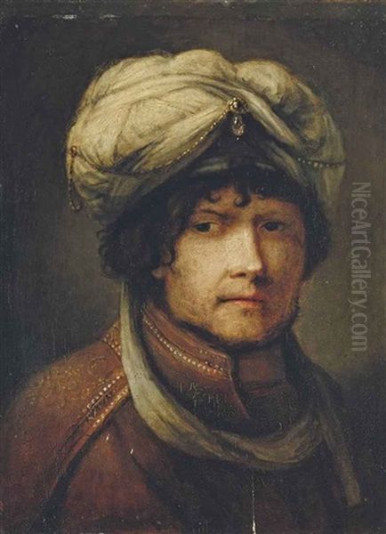 Portrait Of A Gentleman, Bust-length, Wearing A Turban, And A Gold Embroidered Rust Coat Oil Painting by  Rembrandt van Rijn