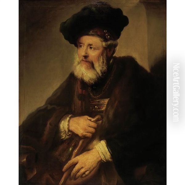 Old Man With A Walking Stick Oil Painting by  Rembrandt van Rijn