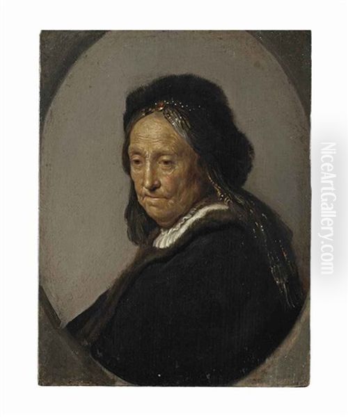 Head Of An Old Woman, Traditionally Identified As Neeltgen Willemsdr. Van Zuytbrouck (1569-1640), Rembrandt's Mother, Half-length, In A Black Costume With A Fur Hat Oil Painting by  Rembrandt van Rijn