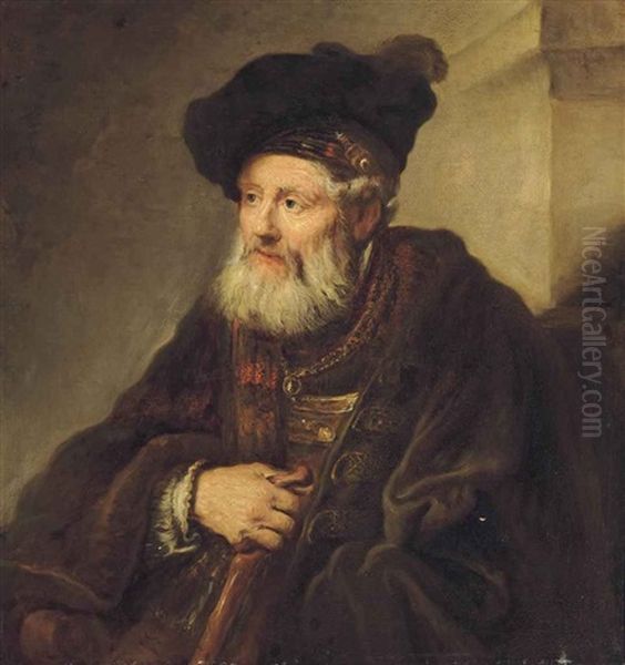 Portrait Of A Bearded Man, Bust-length, In A Fur-trimmed Coat And An Oriental Hat, Holding A Walking Stick Oil Painting by  Rembrandt van Rijn