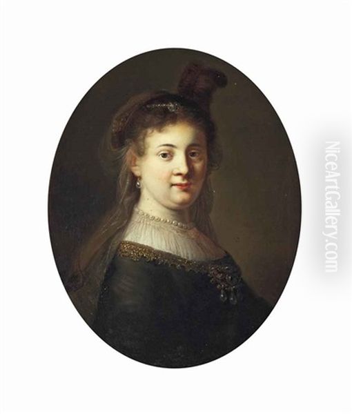 Portrait Of A Lady, Possibly Saskia Van Uylenburgh (1612-1642), Half-length, In A Bejewelled Dress And Headdress, In A Painted Oval Oil Painting by  Rembrandt van Rijn