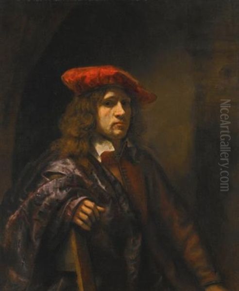 Portrait Of A Young Man, Half-length, Wearing A Red Tunic And A Broad-brimmed Red Cap Oil Painting by  Rembrandt van Rijn