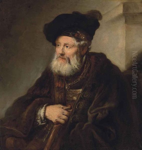 Portrait Of A Bearded Man, Bust-length, In A Fur-trimmed Coat And An Oriental Hat, Holding A Walking Stick Oil Painting by  Rembrandt van Rijn