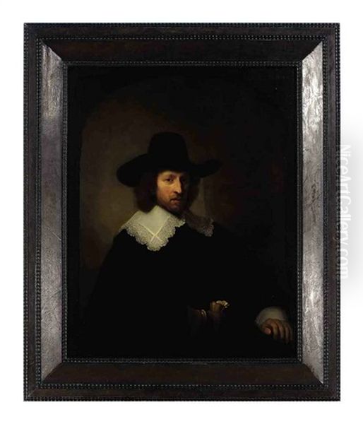 Portrait Of Nicolaes Bambeeck, In A Black Costume With Lace Collar And Cuffs And A Black Hat, Holding Gloves Oil Painting by  Rembrandt van Rijn