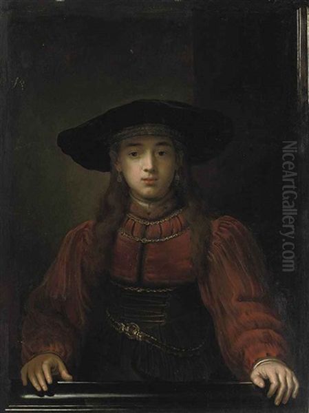 Portrait Of A Young Girl In A Red Dress With Fur Trim, A Buckled Corset And Fur Hat Oil Painting by  Rembrandt van Rijn