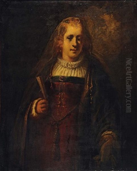 Portrait De Femme A L'eventail Oil Painting by  Rembrandt van Rijn