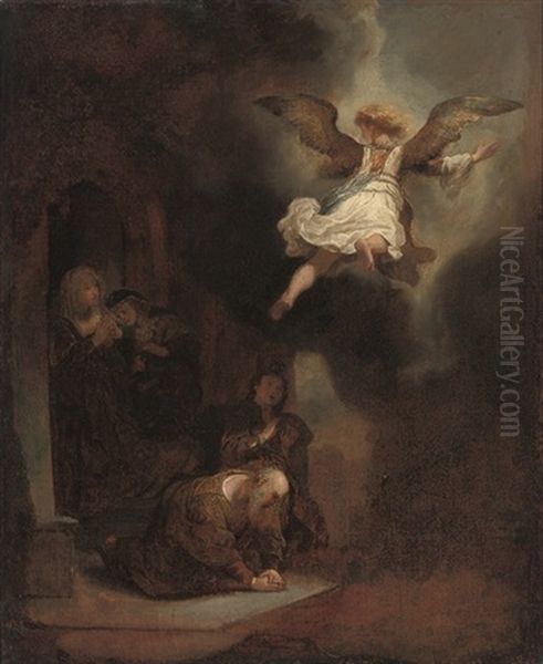 The Archangel Raphael Taking Leave Of Tobit And His Family Oil Painting by  Rembrandt van Rijn