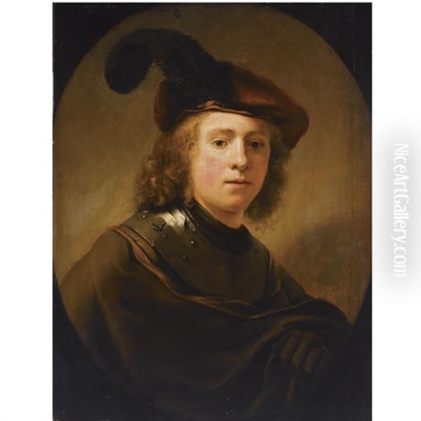 Portrait Of A Young Man, Wearing A Brown Plumed Beret And A Brown Coat With A Gorget Oil Painting by  Rembrandt van Rijn