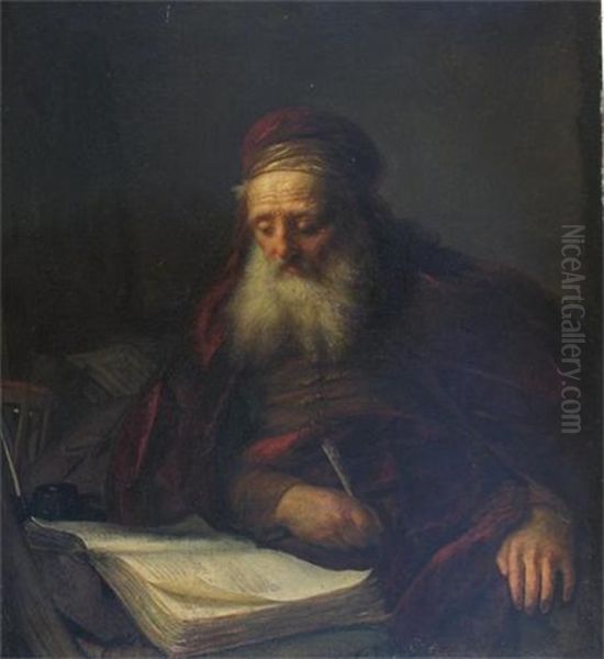 Portrait Of An Old Man Wearing A Red Velvet Coat, Seated Writing Oil Painting by  Rembrandt van Rijn