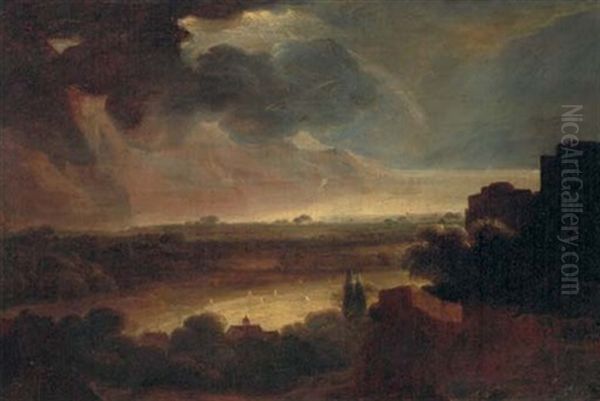 An Extensive Stormy Landscape With A Coastal Inlet Beyond Oil Painting by  Rembrandt van Rijn