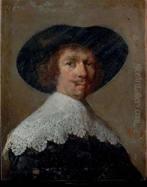 Portrait Of A Gentleman In A Black Coat With Lace Collar And Black Hat Oil Painting by  Rembrandt van Rijn