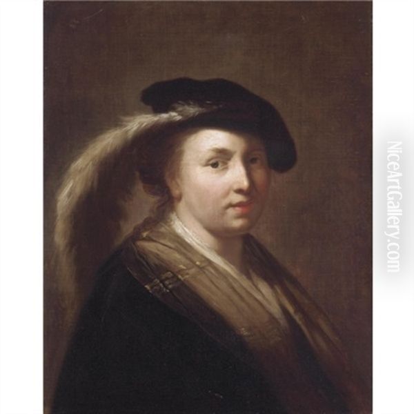 Portait Of A Young Lady, Head And Shoulders, Wearing A Feathered Cap Oil Painting by  Rembrandt van Rijn