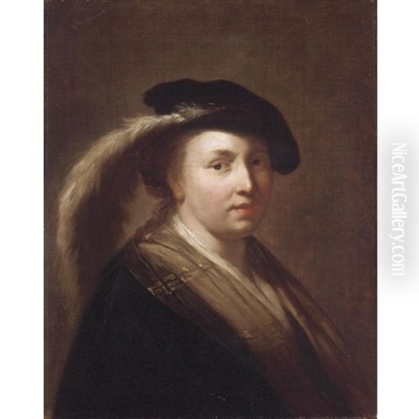 Portrait Of A Young Girl, Head And Shoulders, Wearing A Feathered Cap Oil Painting by  Rembrandt van Rijn