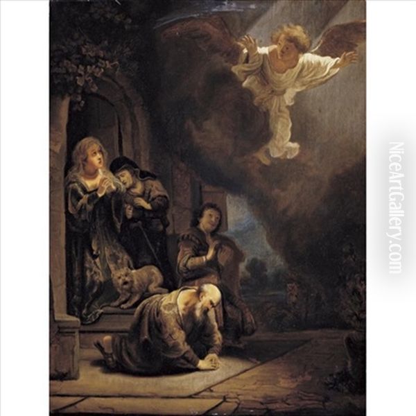 The Archangel Raphael Taking Leave Of Tobit Oil Painting by  Rembrandt van Rijn