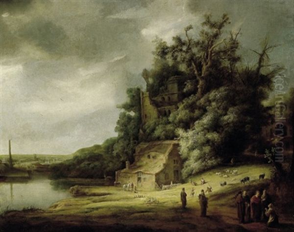 Bewaldete Fluslandschaft Mit Ruinen Und Christus Eine Frau Segnend Oil Painting by  Rembrandt van Rijn