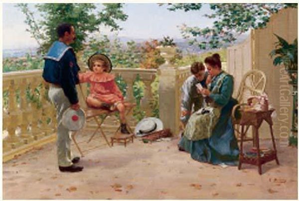 La Lecture De La Lettre Sur Une Terrasse Oil Painting by Adolphe Bonny