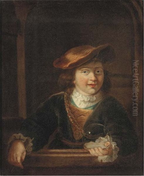 A Boy In A Cap Wearing A Gold Chain Holding A Bubble, At A Casement Oil Painting by  Rembrandt van Rijn