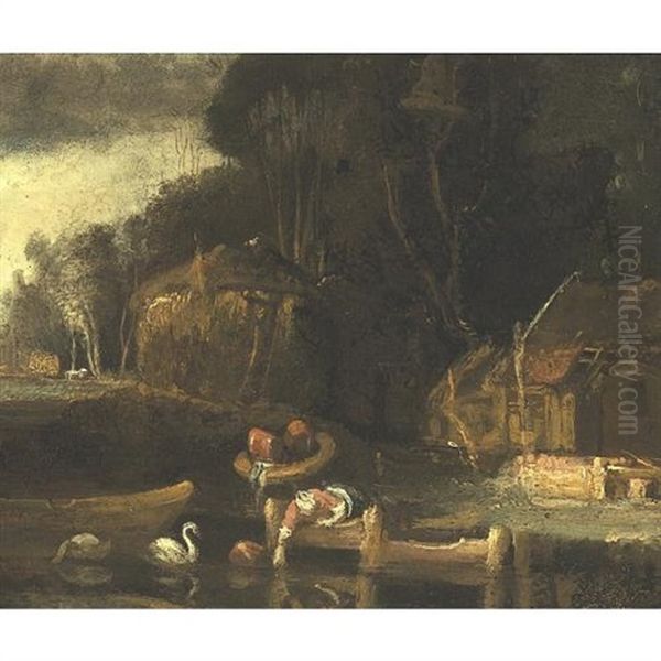 Landscape With A Farm Oil Painting by  Rembrandt van Rijn