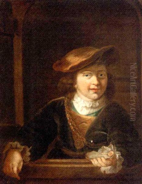 A Boy In A Cap Wearing A Gold Chain And Holding A Bubble, At A Casement Oil Painting by  Rembrandt van Rijn