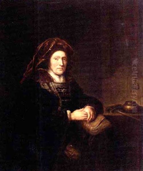 Interior With An Elderly Lady Seated Beside A Table Holding A Book And A Pair Of Pince-nez Oil Painting by  Rembrandt van Rijn