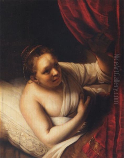 An Interior With A Lady (hendrikje Stoffels?) Lying On Bed And Holding Her Breast Oil Painting by  Rembrandt van Rijn