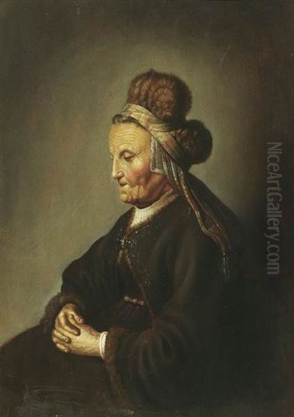 Portrat Einer Alten Frau, Sitzend Mit Pelzkappe, Im Profil, Die Hande Im Schos Gefaltet Oil Painting by  Rembrandt van Rijn