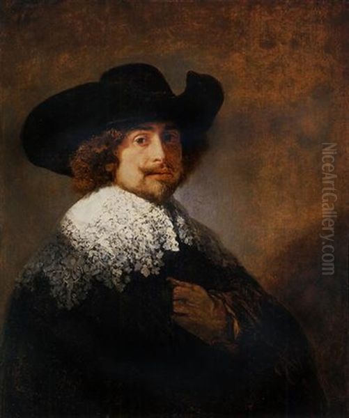 Portrait Of A Gentleman In A Black Hat And A Lace Falling Collar Oil Painting by  Rembrandt van Rijn