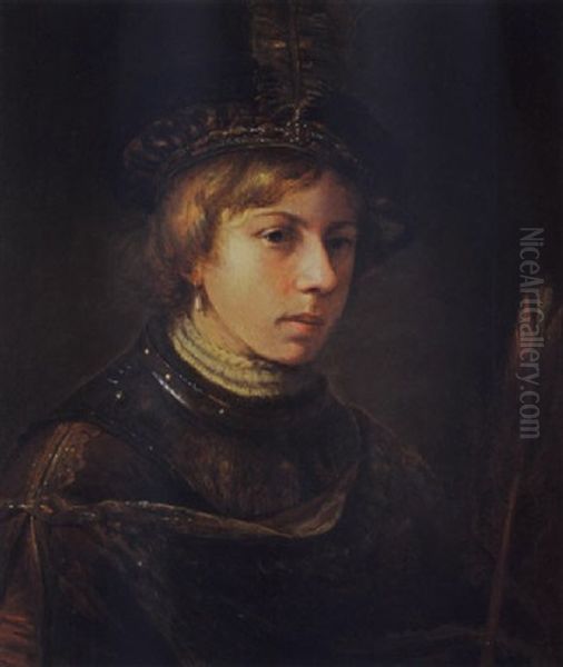 A Portrait Of A Young Man Wearing A Fantasy Costume And A Beret With A Feather, Holding A Feather In His Left Hand Oil Painting by  Rembrandt van Rijn