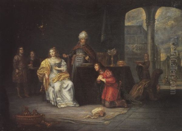 Ahasuerus And Esther Oil Painting by  Rembrandt van Rijn