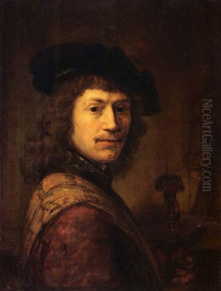 A Portrait Of A Man Wearing A Red Coat With A Yellow Shawl And Black Beret And Holding A Sword In His Left Hand Oil Painting by  Rembrandt van Rijn