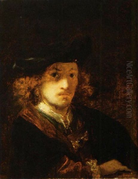 A Portrait Of A Man Wearing A Fur Trimmed Black Coat And A Black Beret Oil Painting by  Rembrandt van Rijn