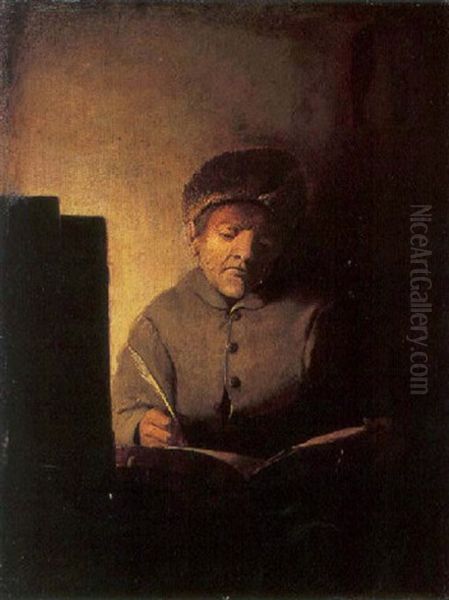 A Man In His Study Writing In A Book Oil Painting by  Rembrandt van Rijn