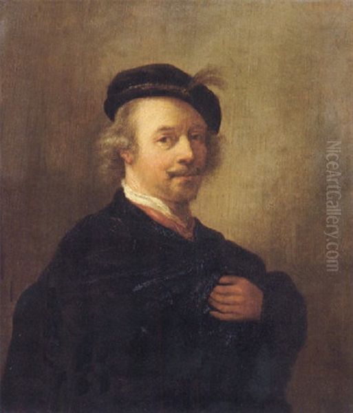 Portrait Of The Artist Wearing A Black Cape And Feathered Cap Oil Painting by  Rembrandt van Rijn