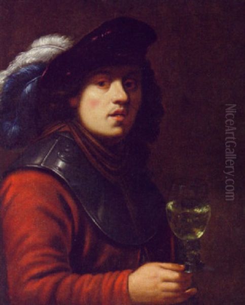 A Young Man, In A Red Jacket And A Gorget With A Maroon Hat With White And Blue Plumes, A Roemer In His Right Hand Oil Painting by  Rembrandt van Rijn