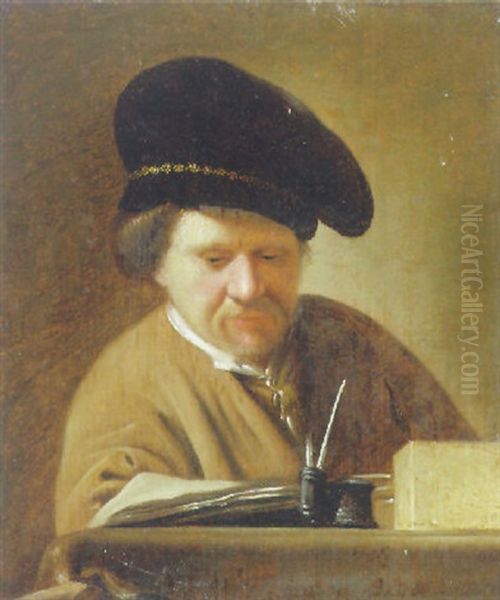 A Man In A Black Cap Reading At A Table Oil Painting by  Rembrandt van Rijn