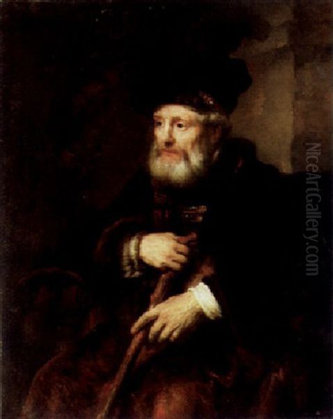 A Bearded Old Man Holding A Cane Oil Painting by  Rembrandt van Rijn