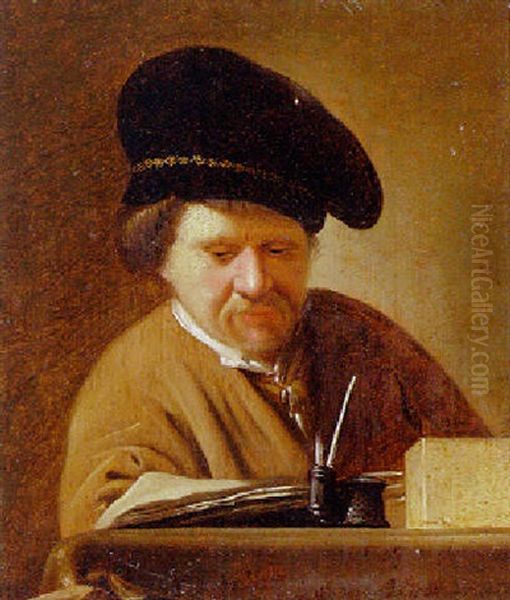 A Man In A Black Cap Reading At A Table Oil Painting by  Rembrandt van Rijn