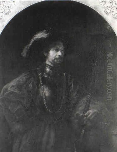 Portrait Of The Artist In A Doublet And Crimson Tunic, Holding A Sword Oil Painting by  Rembrandt van Rijn