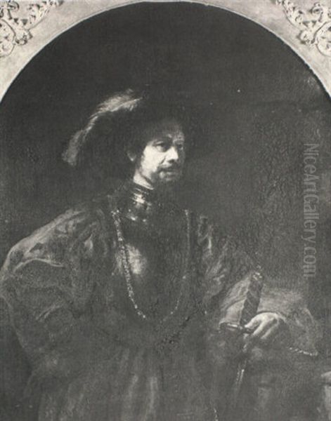 Portrait Of A Man In A Crimson Coat Holding A Sword Oil Painting by  Rembrandt van Rijn