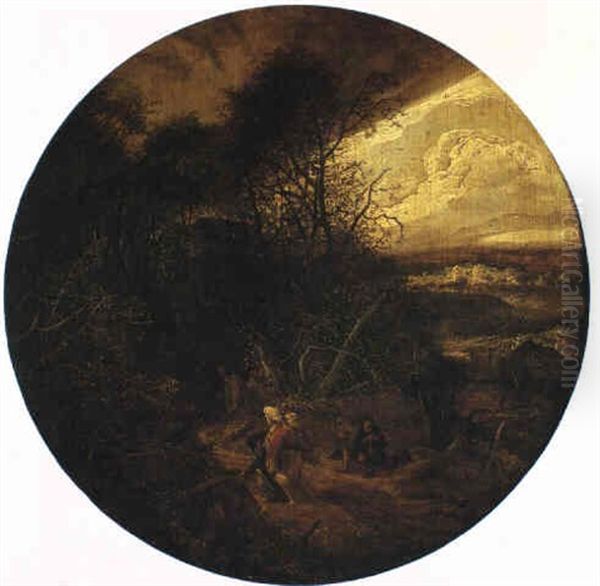 Landscape With Figures At The Edge Of A Wood Oil Painting by  Rembrandt van Rijn