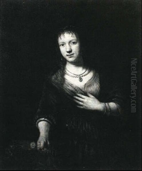 Saskia Holding A Red Flower Oil Painting by  Rembrandt van Rijn