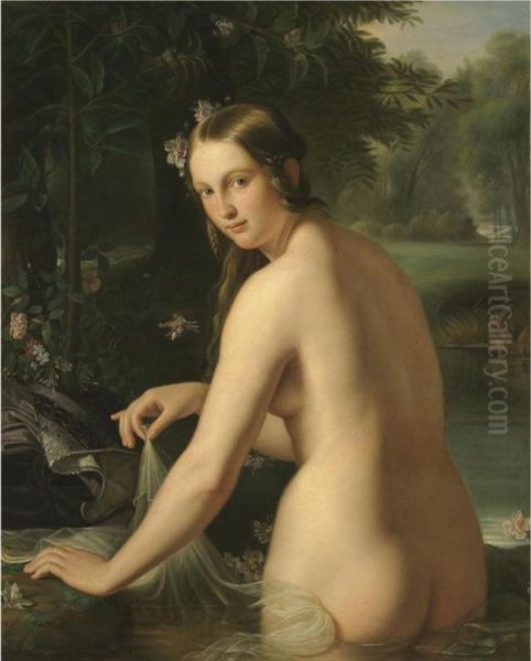 A Woman Bathing In A Pool, A Landscape Beyond Oil Painting by Giuseppe Bonolis