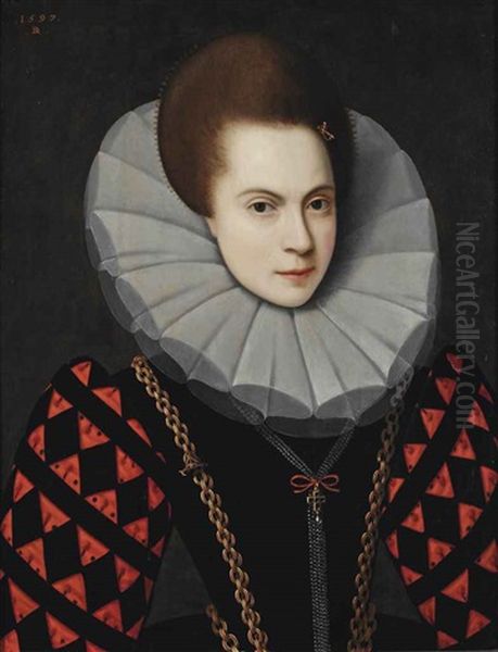 Portrait Of A Lady, Bust-length, In A Black And Red Spanish Dress, And White Ruff, With A Sword-shaped Hairpin And Golden Chain With A Pistol-shaped... Oil Painting by David Remeeus