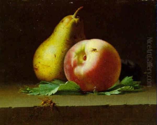 Poire, Peche Et Prune Sur Un Entablement Oil Painting by Pierre Etienne Remillieux